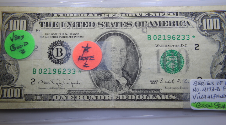 lot 15B image: 1990 100.00 US Note STAR NOTE Very Good No 2173-B  Item  310