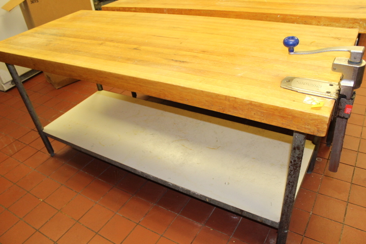 lot 42 image: 6 Butcher Block Bakery Table w Can Opener