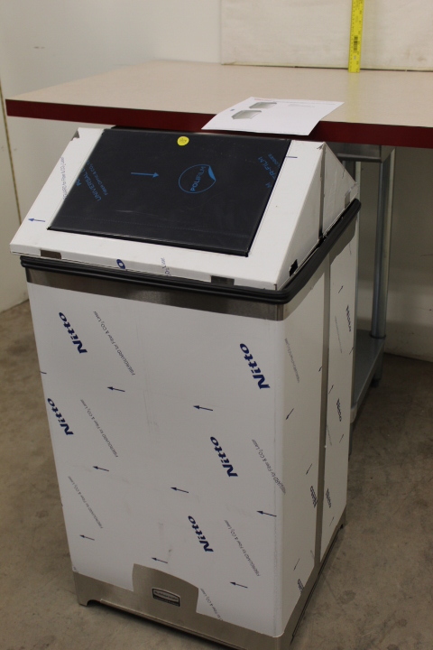 lot 204 image: Rubbermaid Commercial Fire-Safe Square Stainless Steel Swing-Top Receptacle - NEW