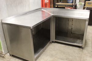 lot 56 image: L Shaped Stainless Steel Work Table  Cabinet