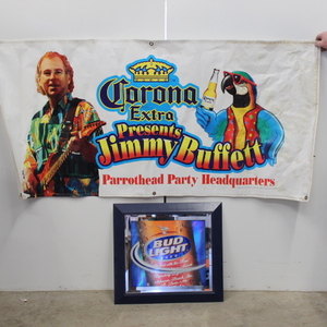 lot 117 image: Bud Light mirror & Jimmy Buffet banner Lot
