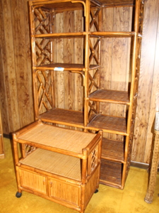 lot 409 image: Wicker Storage Unit and Wicker Rolling Cart Lot